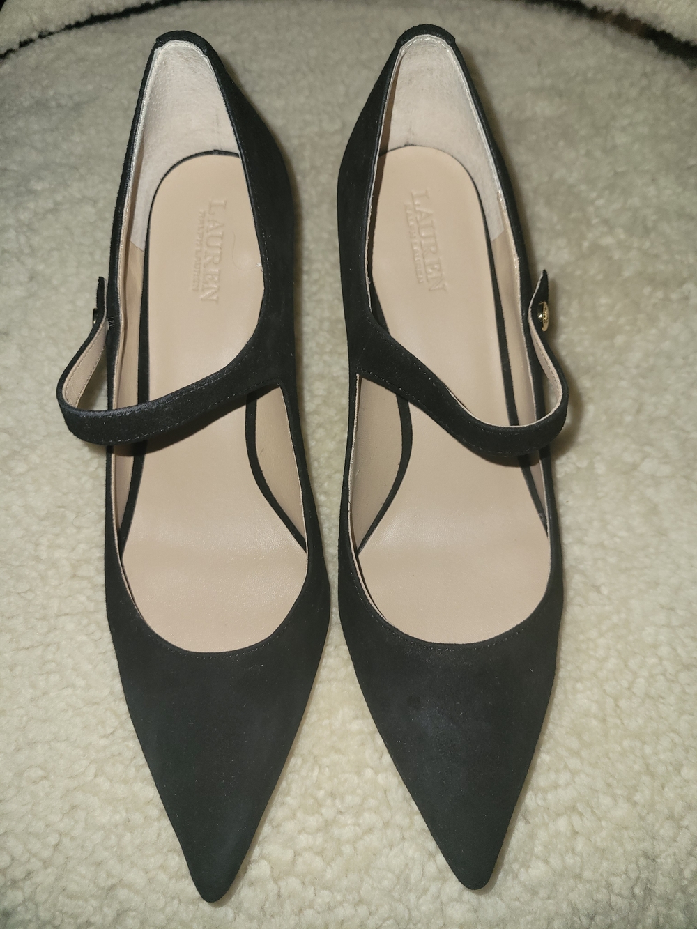 Ralph Lauren Black Suede Mary Jane Pointed Toe Flats In Perfect Condition